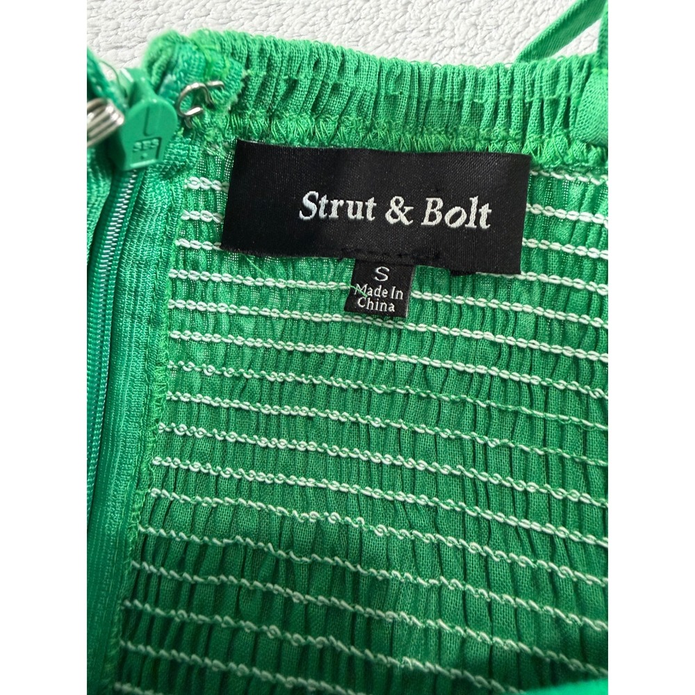 Strut & Bolt Green Cotton Linen Mini Dress Small Corded Bodice Cutout D-10460-H - Picture 5 of 10